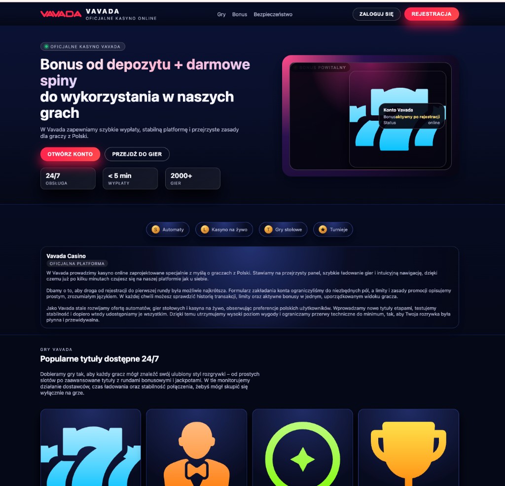 Podgląd panelu konta Vavada z wyróżnionym bonusem powitalnym dla nowych graczy z Polski